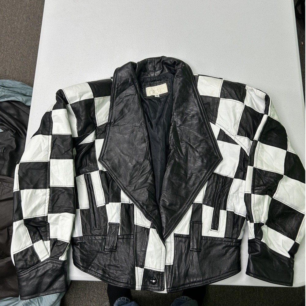 Cache Leather Jacket Womens S Black White Checkered Vintage 80s Cropped Moto